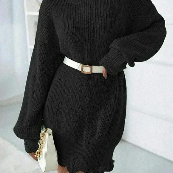 Black Preppy Womens Drop Shoulder Ripped Distressed Sweater Dress - Picture 4 of 5